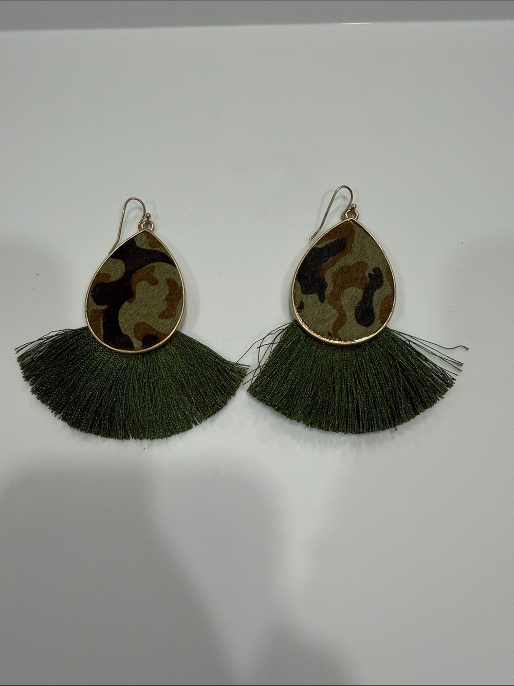 Camo Teardrop Fringe Earrings in Olive Green